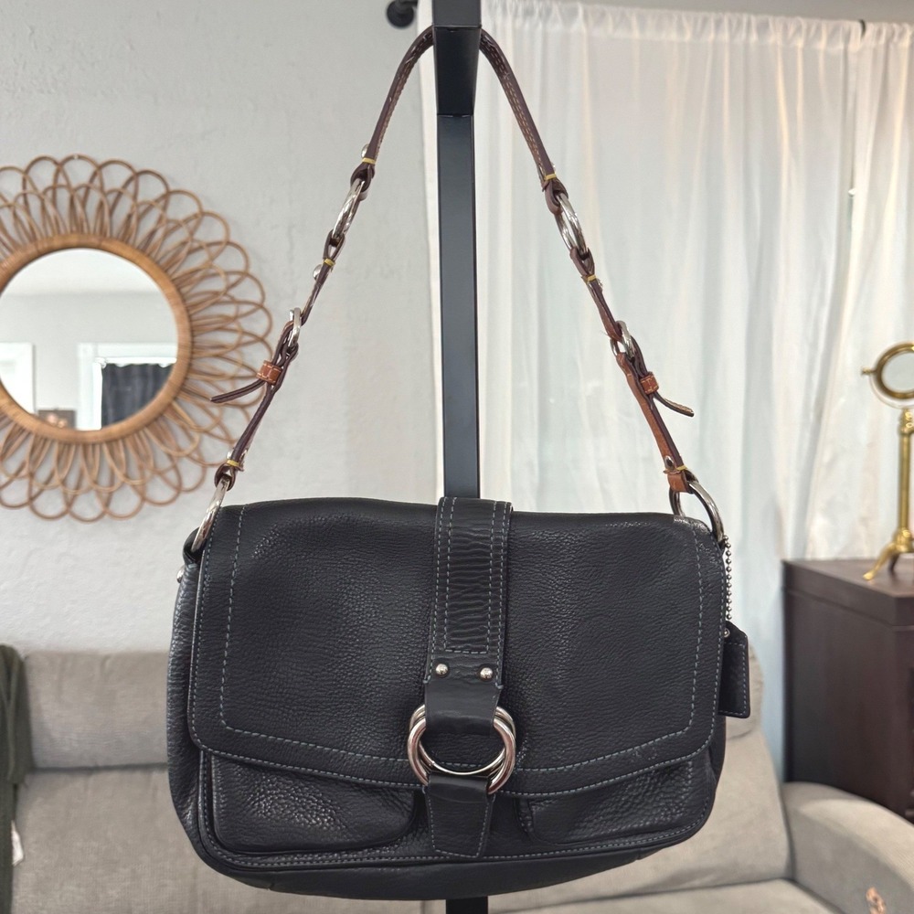 VTG Coach Soho Buckle Black Pebbled Leather Y2K Shoulder Bag Purse Brown Strap